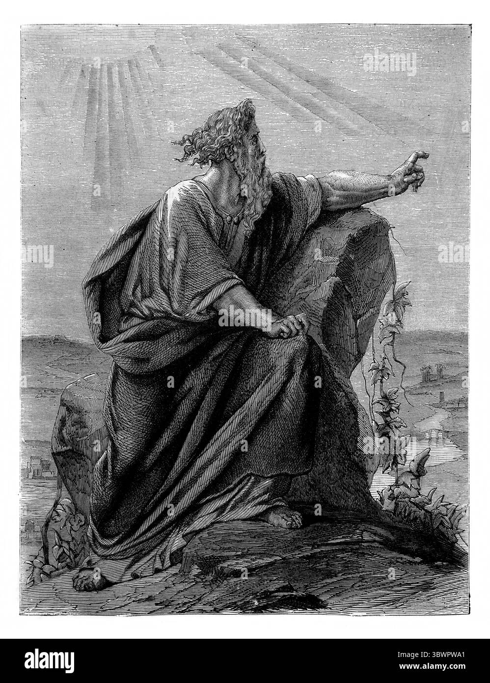 Illustrazione di Mosè che osserva la terra promessa da Pisgah sul Monte Nebo (Deuteronomio XXXIV) dall'Antica Ottocento la Sacra Bibbia contenente il Foto Stock