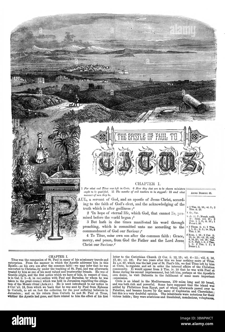 Titolo pagina della lettera di Paolo a Tito dall'Antica Ottocento la Sacra Bibbia contenente l'Antico e il nuovo Testamento con note esplicative, Refe Foto Stock