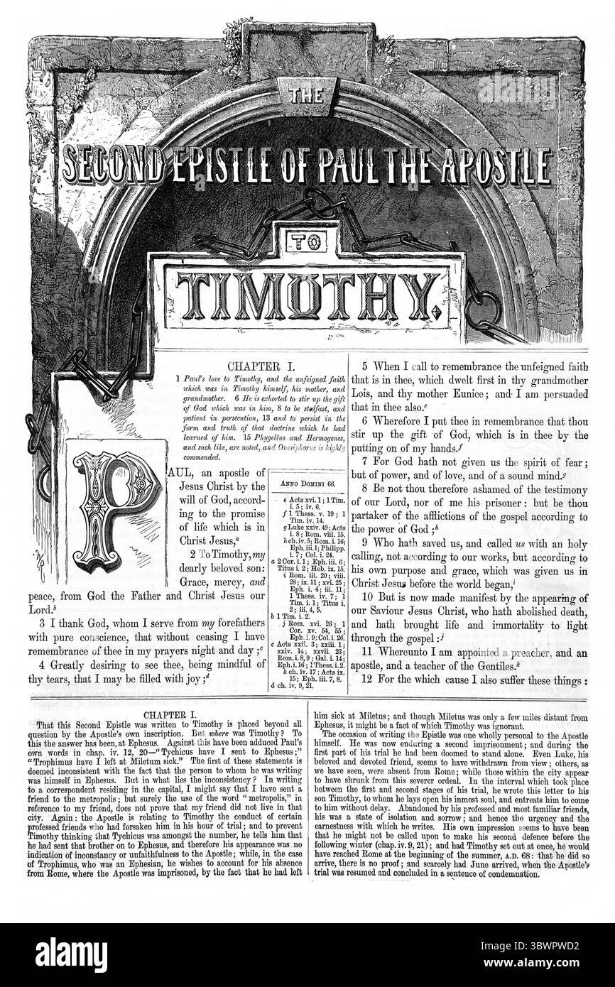 Titolo pagina della seconda lettera di Paolo Apostolo a Timoteo dall'Antica Ottocento la Sacra Bibbia contenente l'Antico e il nuovo Testamento con Ex Foto Stock