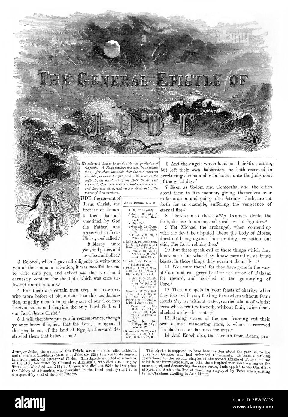 Titolo pagina della lettera generale di Giuda dall'Antica Ottocento la Sacra Bibbia contenente l'Antico e il nuovo Testamento con note esplicative, cfr Foto Stock