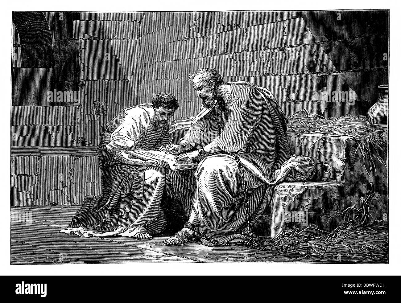 Illustrazione di Paolo che scrive la sua lettera agli Efesini mentre si trova in carcere a Roma (Efesino III.1) dall'Antico XIX secolo il contenino della Sacra Bibbia Foto Stock