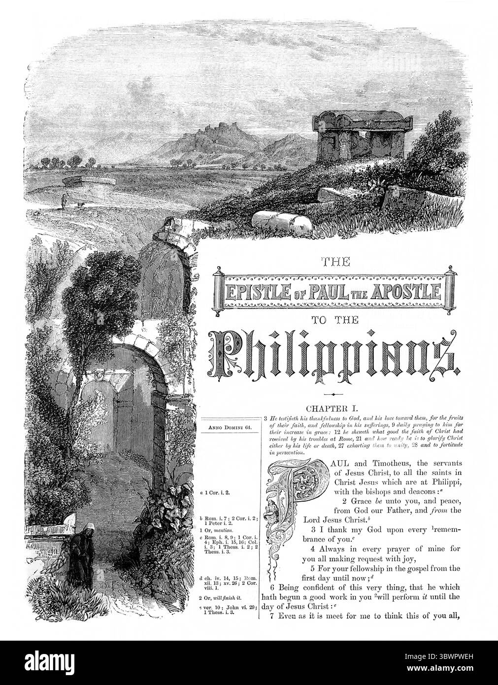 Titolo pagina della lettera di Paolo Apostolo ai Filippesi dall'Antico XIX secolo la Sacra Bibbia contenente l'Antico e il nuovo Testamento con e Foto Stock