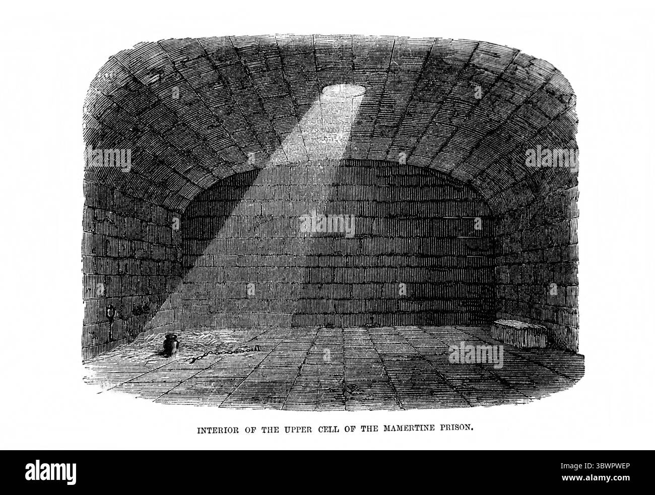 Illustrazione della cella superiore del carcere Mamertino Roma la cella sotterranea in cui sono stati confinati San Pietro e San Paolo raffigurante il buco Foto Stock