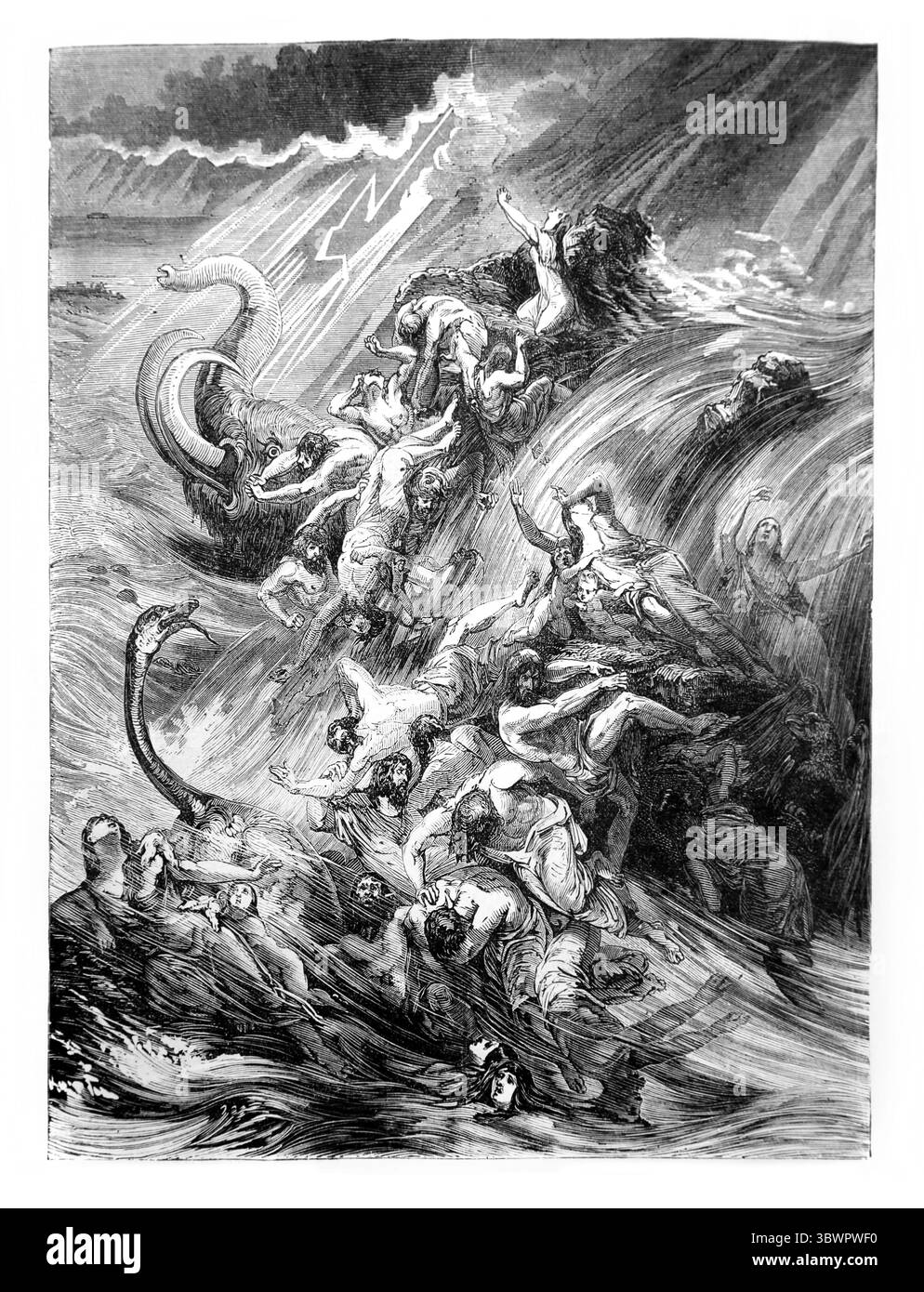 Il diluvio (il grande diluvio) con l'Arca di Noè in lontananza Genesi dall'Antica Ottocento la Sacra Bibbia contenente l'Antico e il nuovo Testamento wi Foto Stock