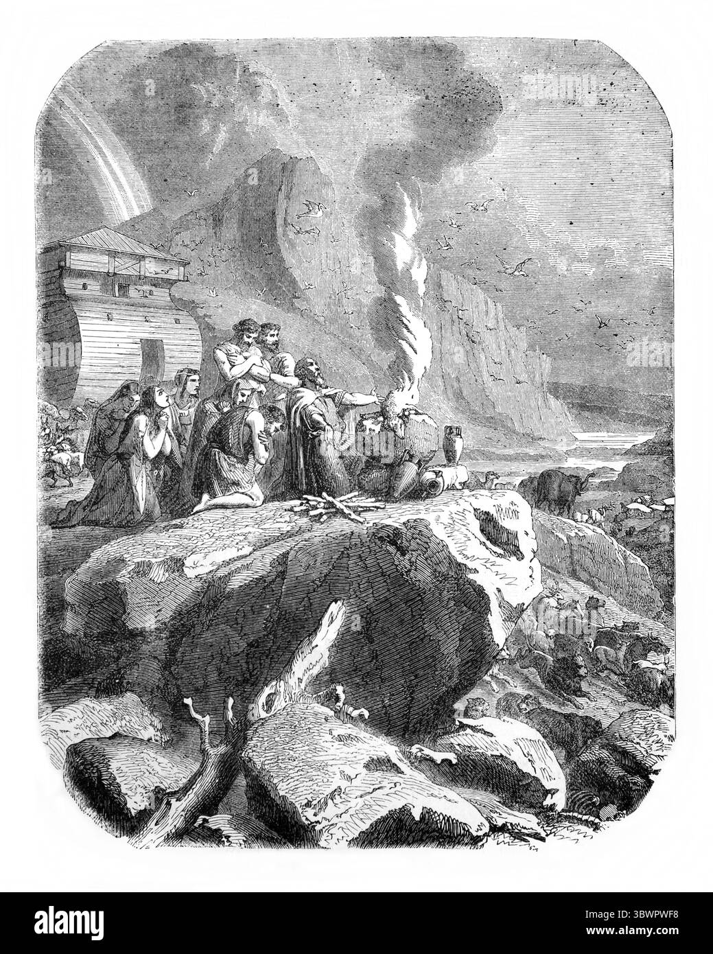 Illustrazione del sacrificio di Noè e Noè costruì un alter per il Signore e tolse ogni bestia pulita e ogni uccello pulito e offrì un'offerta bruciata Foto Stock