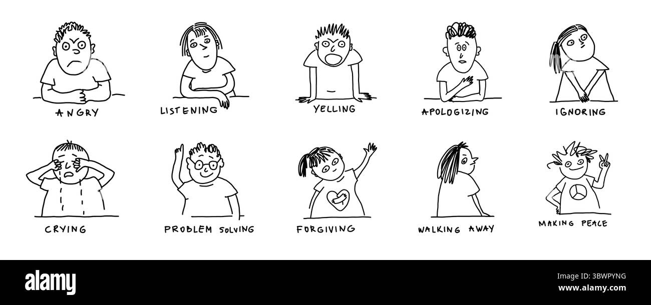 Reazioni al conflitto – facce emotive sociali disegnate a mano per i bambini Illustrazione Vettoriale