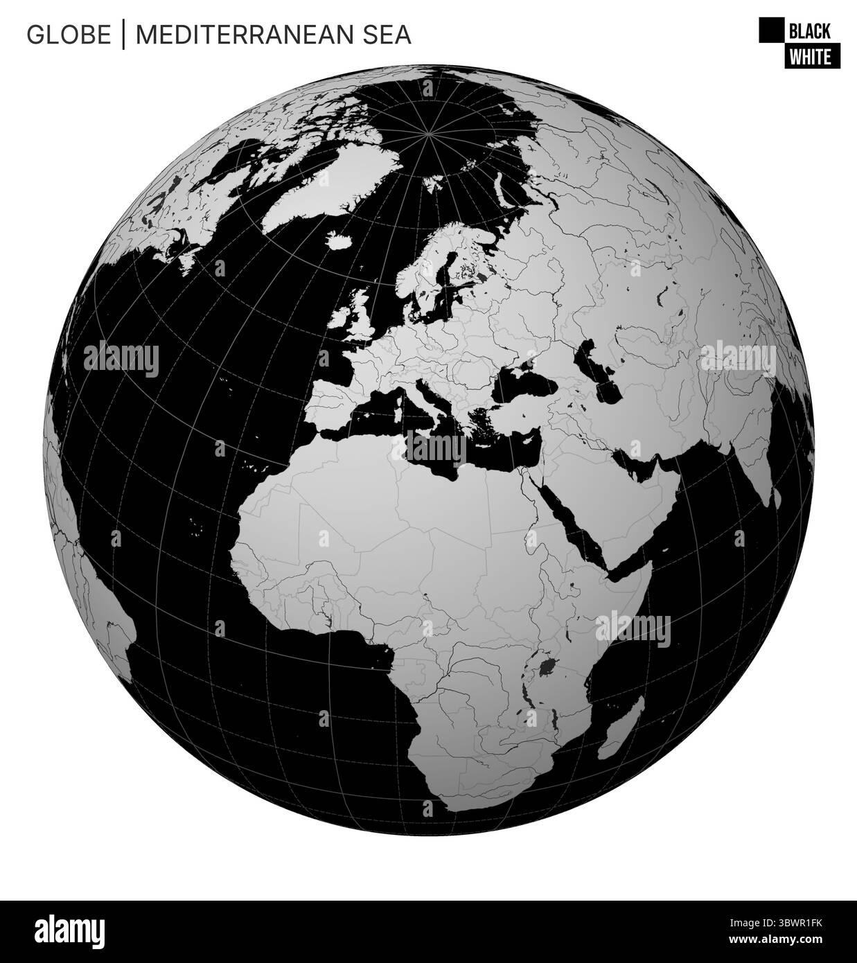 Globo vettoriale incentrato sul Mar Mediterraneo. Tavolozza bianco e nero. Mappa del mondo con meridiani, paralleli, paesi, fiumi e laghi. Illustrazione Vettoriale