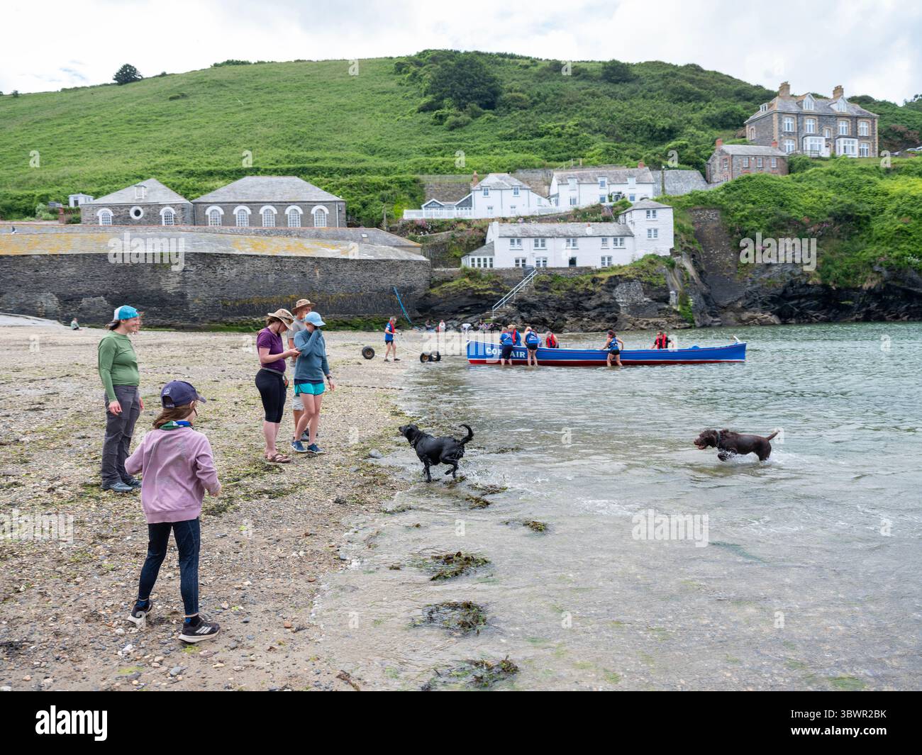 port isaac, inghilterra, 22 giugno 2025: cani, persone e donne con life boat nel porto di isaac in cornovaglia Foto Stock
