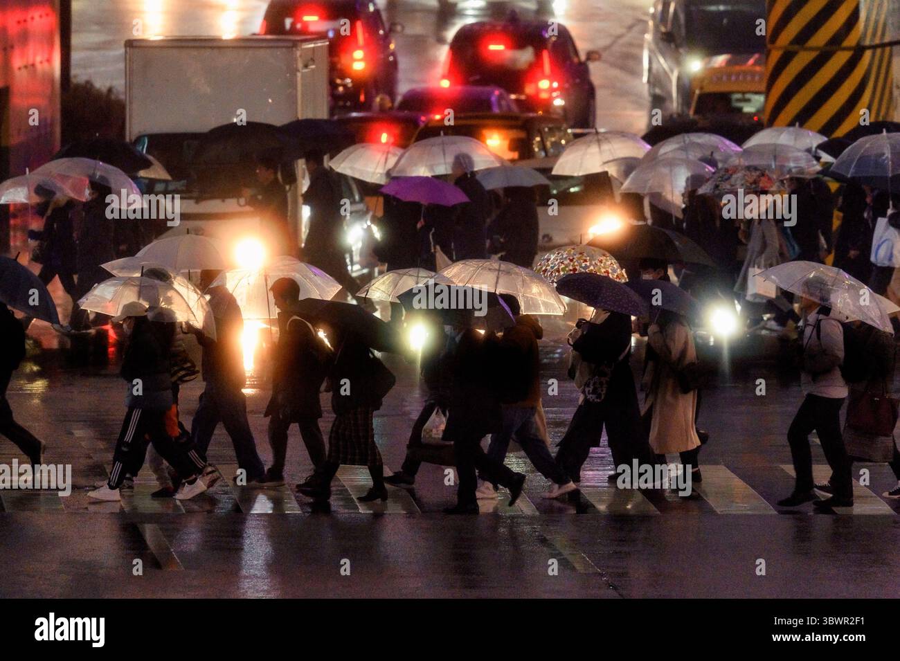 27 gennaio 2020, Tokyo: Dentro e intorno alla trafficata zona di Shinjuku in una notte di pioggia. Vista dell'ora di punta di Tokyo e della folla che si muove attraverso il traffico e la pioggia. Tokyo ha sempre un'atmosfera luminosa con i lampioni notturni, ma nelle notti piovose può avere una sensazione simile al futuristico film di fantascienza Bladerunner. (Immagine di credito: © Joe McNally via ZUMA Wire) Foto Stock