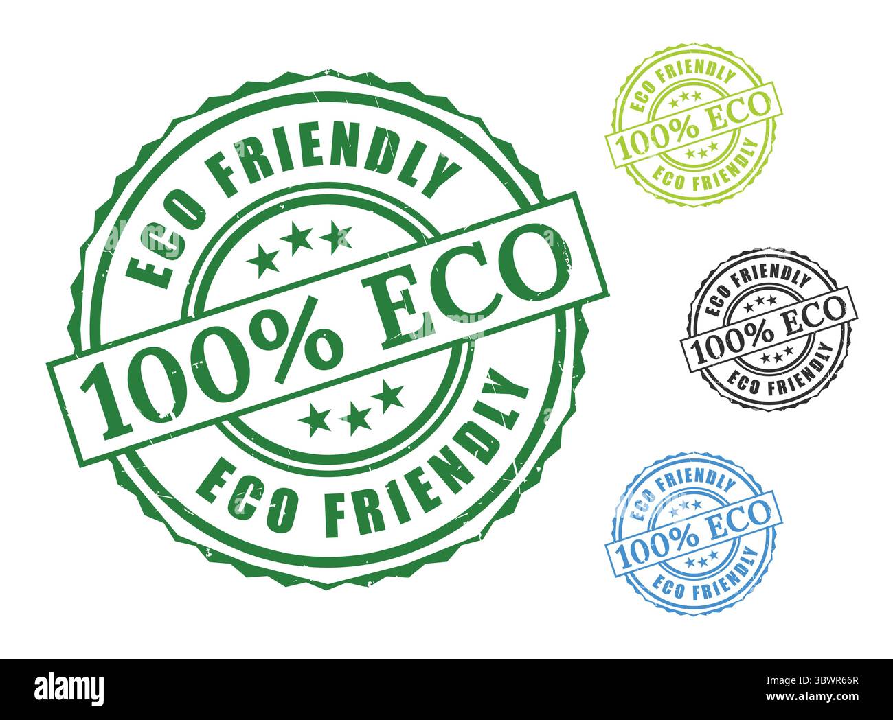 Un set di timbri ecologici al 100%, vettori di etichette ambientali Grunge Illustrazione Vettoriale