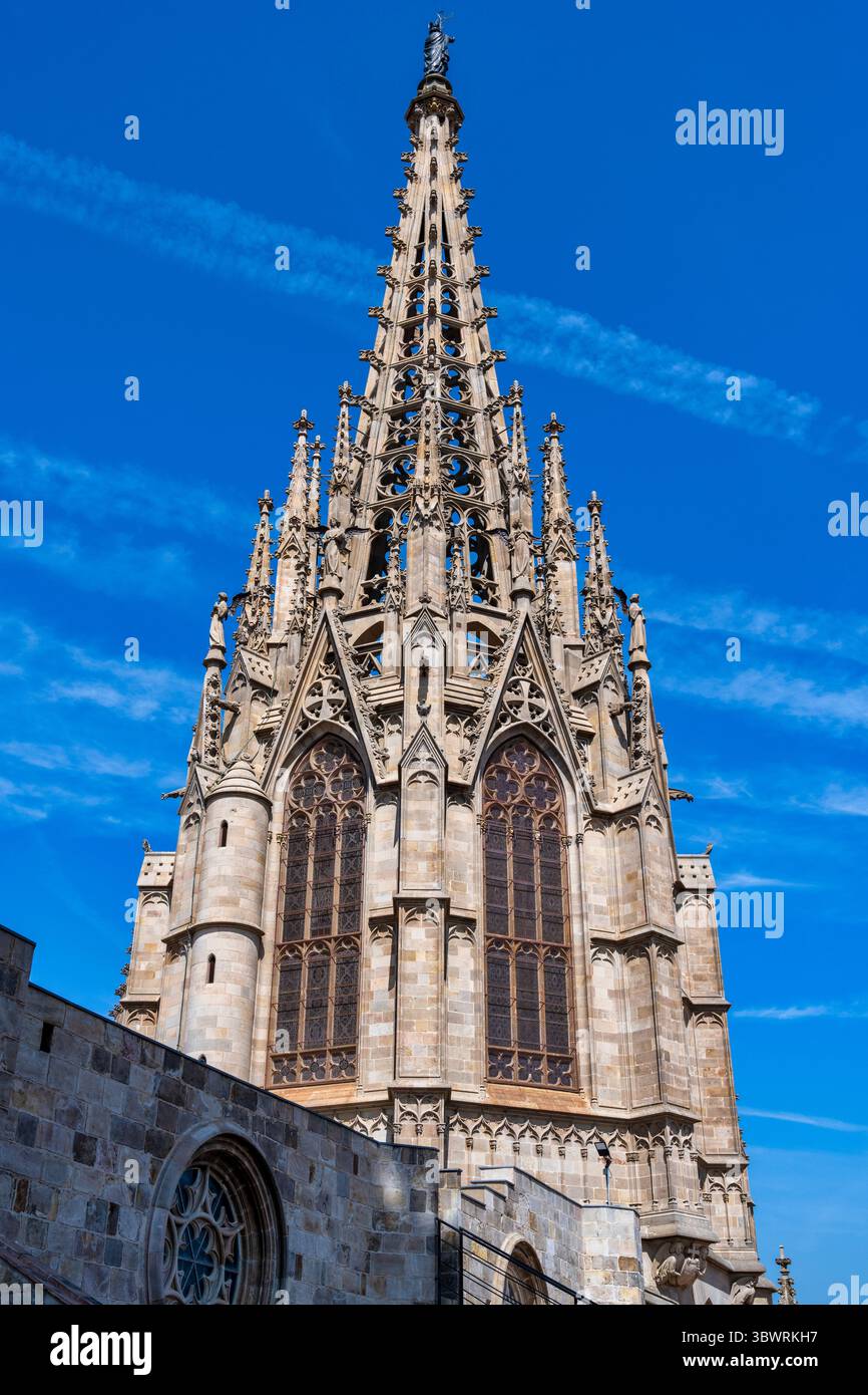 Guglia intagliata sul tetto della Cattedrale di Barcellona nel quartiere gotico della città vecchia di Barcellona, nella regione spagnola della Catalogna Foto Stock