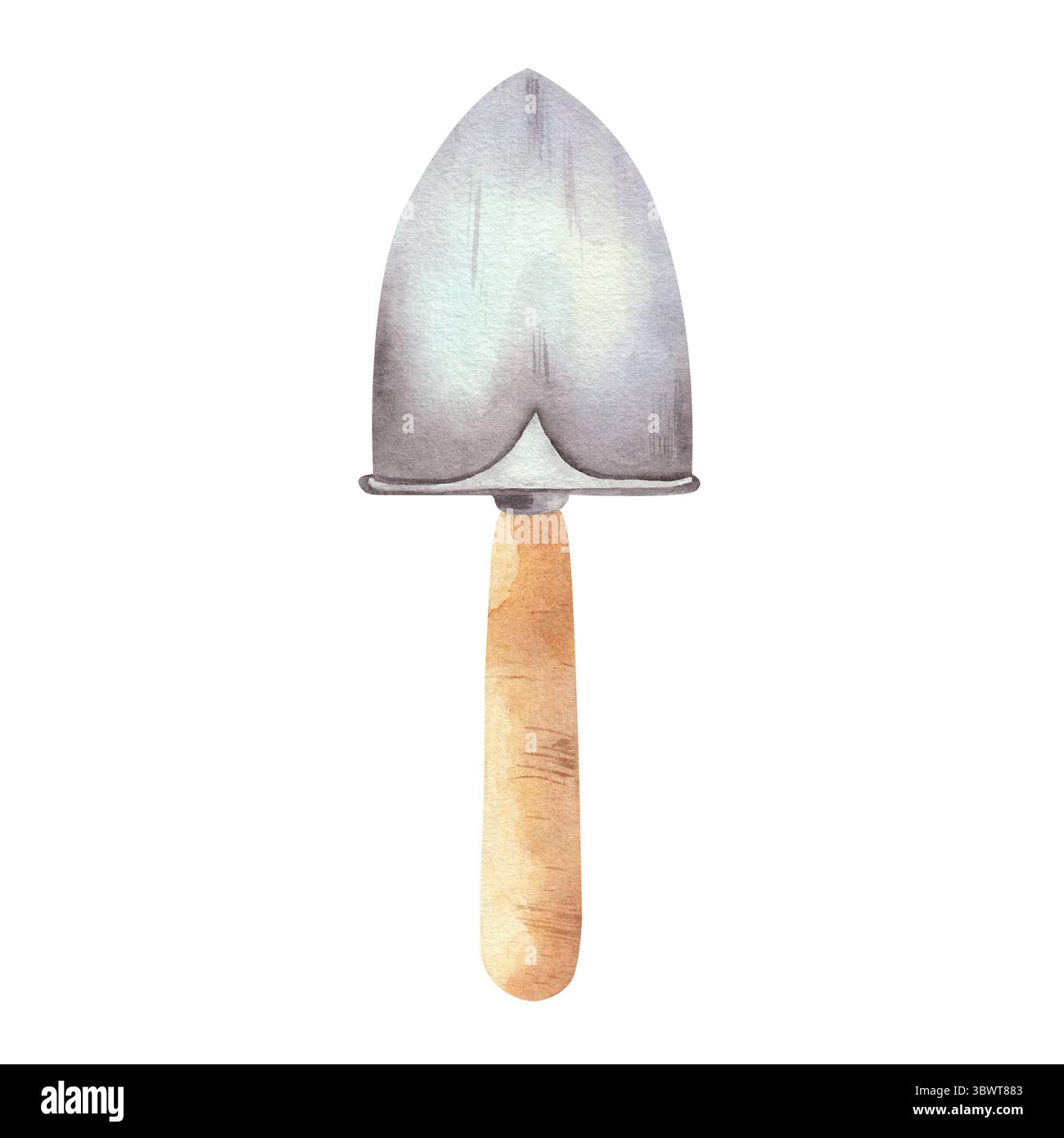 Pala da giardino, piccola in metallo, con manico in legno, disegnata a mano in acquerello. Isolato su sfondo bianco. Per design, cartoline e riviste Foto Stock