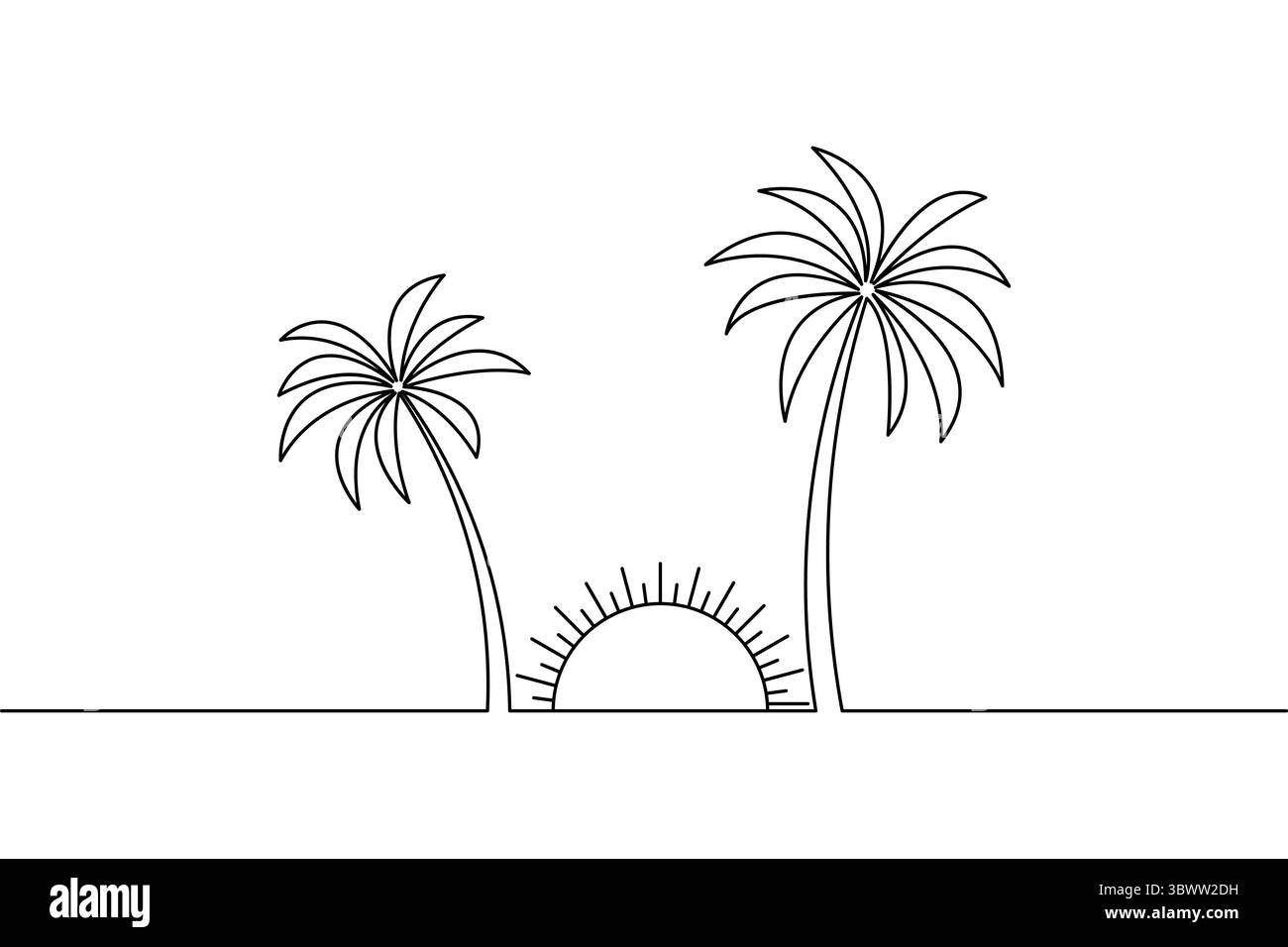 Illustrazione minimalista in bianco e nero di un paesaggio tropicale caratterizzato da palme e sole che sorge su uno sfondo bianco Illustrazione Vettoriale