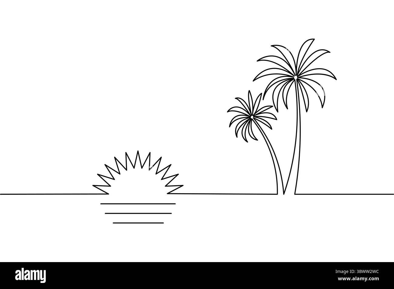 Semplici disegni in linea che raffigurano una scena di tramonto tropicale con palme sopra le onde dell'oceano sotto il sole Illustrazione Vettoriale