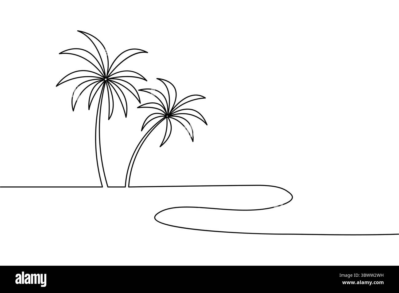 Disegno minimalista raffigurante due palme su un'isola tropicale con un paesaggio di spiaggia semplificato Illustrazione Vettoriale