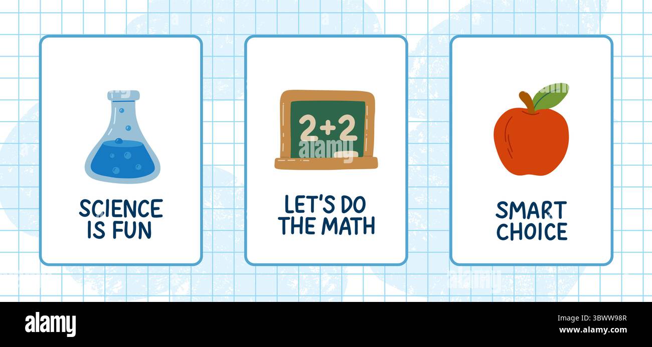 Anteprima vettoriale con tre carte a tema scolastico Science is Fun, Let do the Math e Smart Choice. Perfetto per set didattici, poster, uso digitale Illustrazione Vettoriale
