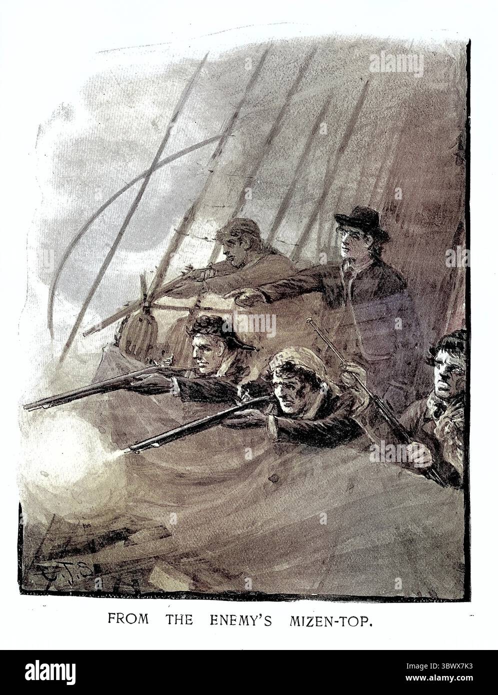 Storia della Royal Navy britannica, marinai che sparano cannoni dall'alto Mizen, guerra navale della 18th Cnetury, illustrazione d'epoca Foto Stock