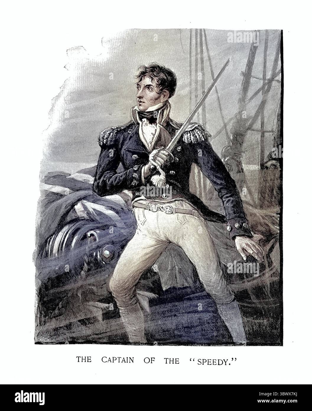 Storia della Royal Navy britannica, Thomas Cochrane, capitano della HMS Speedy, guerre napoleoniche, illustrazione d'epoca del XVIII secolo Foto Stock