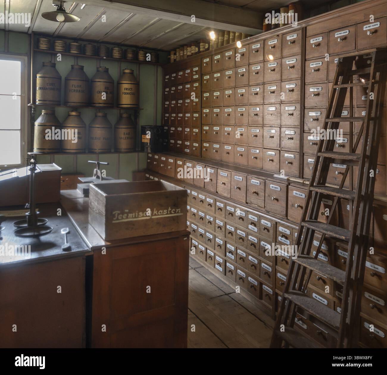 Farmacia, arredi del 1840 circa, Stadtmuseum, Seetorstr. 3, Radolfzell, Baden-Wuerttemberg, Germania Foto Stock