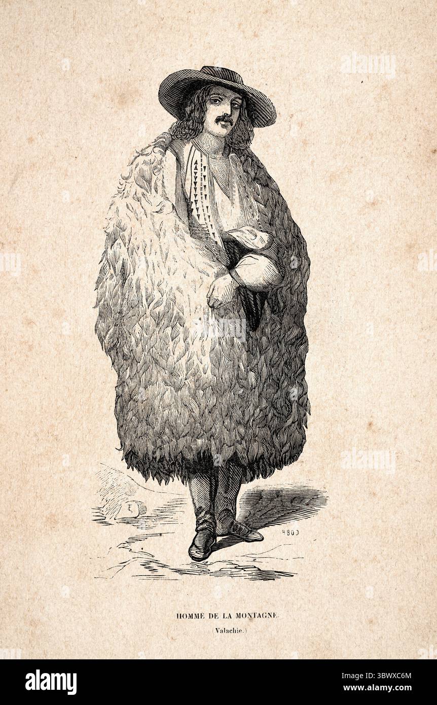 Storia della moda, uomo delle montagne della Valacchia, Romania, cappotto di pelliccia, cappello a teglia larga, anni '1840, XIX secolo Foto Stock