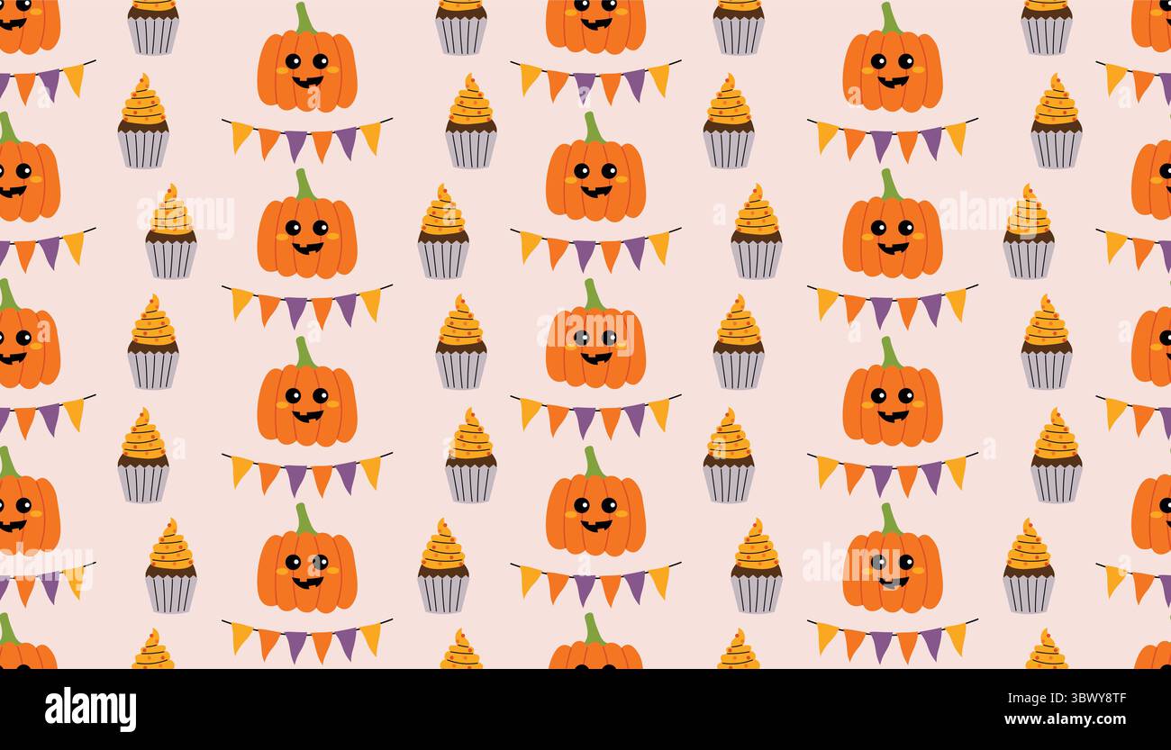 Simpatico motivo di Halloween con zucca intagliata, punzonature e torte su sfondo rosa pastello. Cartoni animati piatti divertenti e festosi per l'autunno Illustrazione Vettoriale
