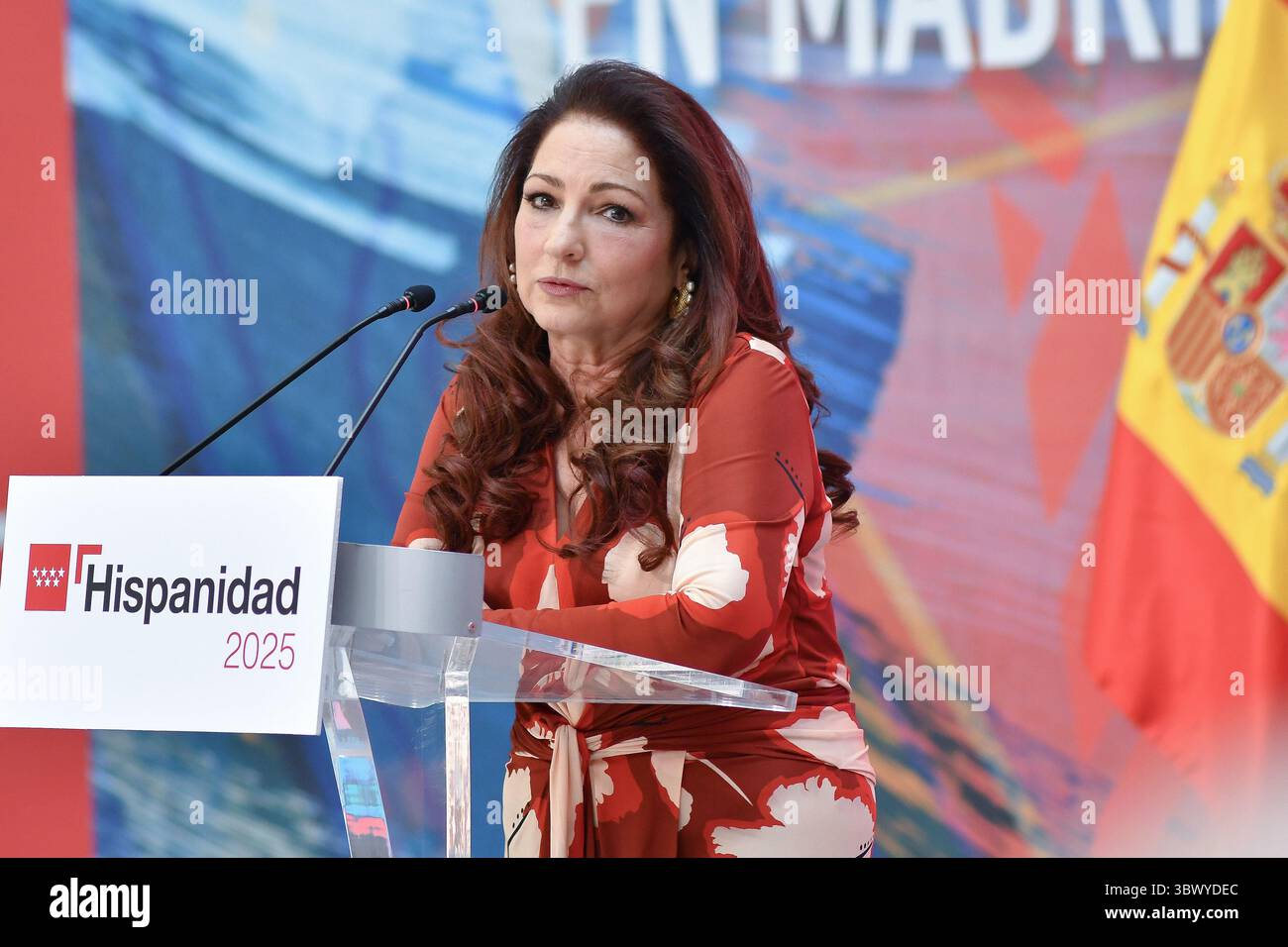 Madrid, Spagna. 17 luglio 2025. La cantante Gloria Estefan partecipa alla presentazione del programma Hispanidad 2025 presso la Real Casa de Correos. Credito: SOPA Images Limited/Alamy Live News Foto Stock