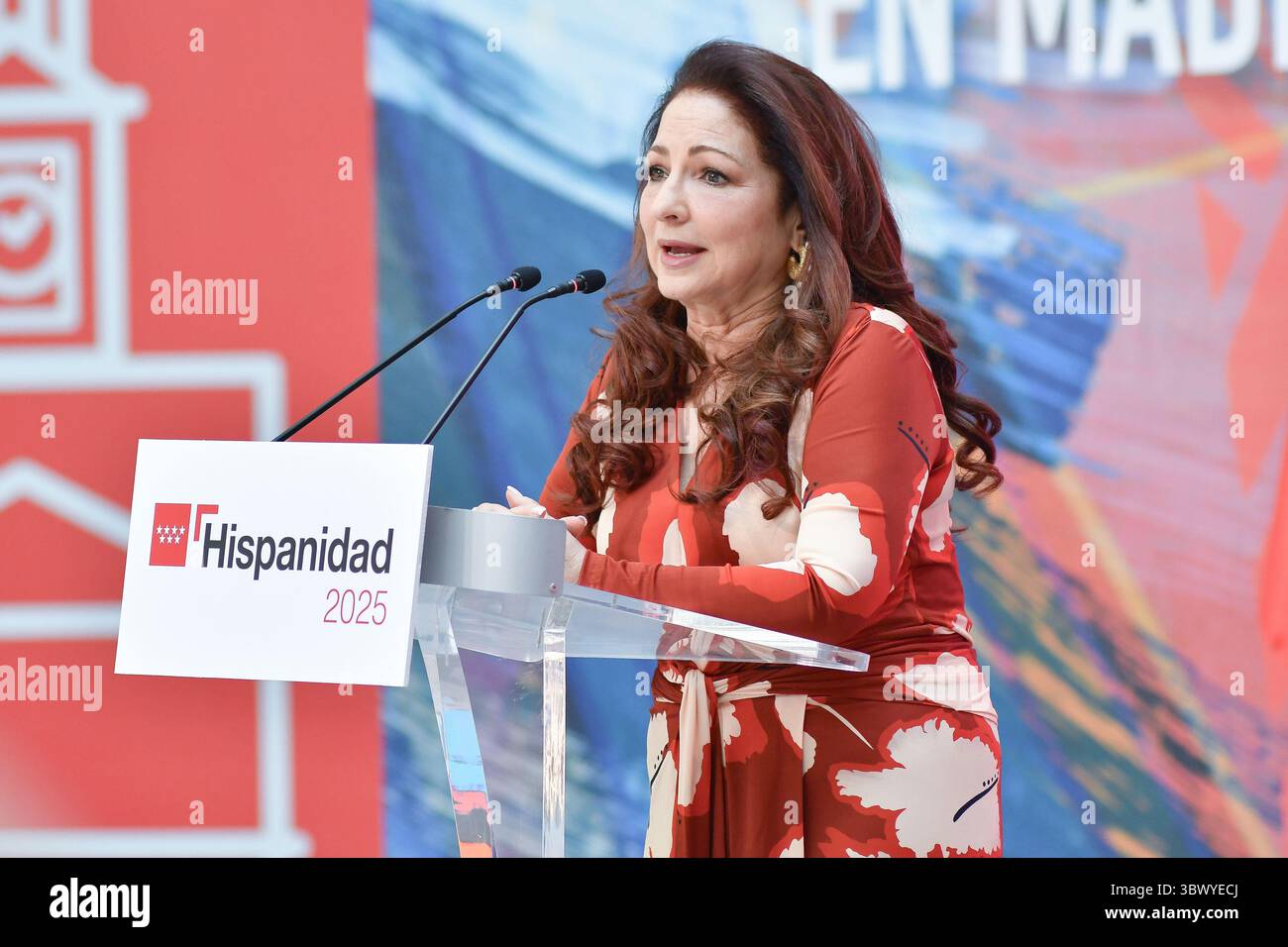Madrid, Spagna. 17 luglio 2025. La cantante Gloria Estefan partecipa alla presentazione del programma Hispanidad 2025 presso la Real Casa de Correos. Credito: SOPA Images Limited/Alamy Live News Foto Stock