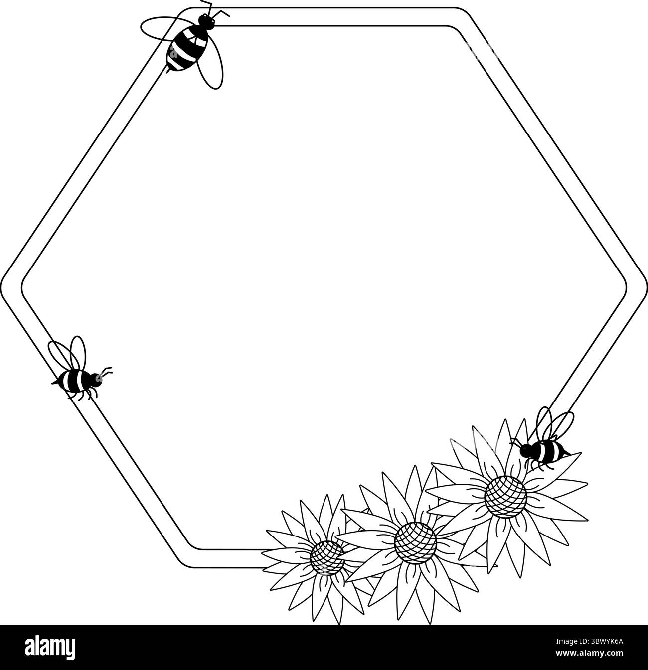 Ape monolina con sagoma esagonale. Illustrazione della linea grafica vettoriale. Per il logo del negozio di miele, o per la tua azienda perfetta per biglietti, decorazioni, Illustrazione Vettoriale