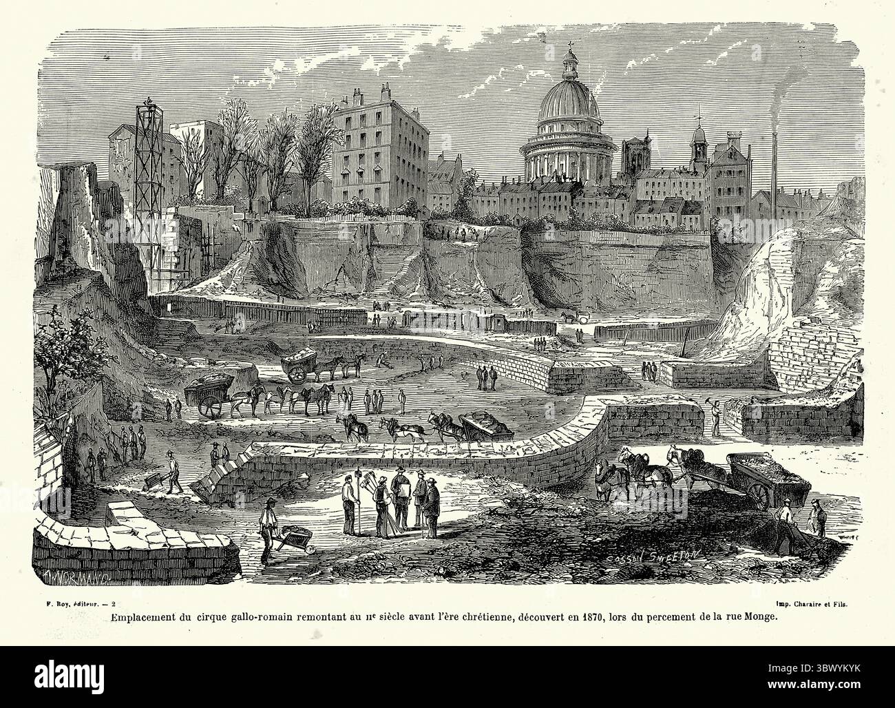 Scavi archeologici dell'antico anfiteatro romano, Arènes de Lutèce, rue onge, Parigi, illustrazione d'epoca Foto Stock