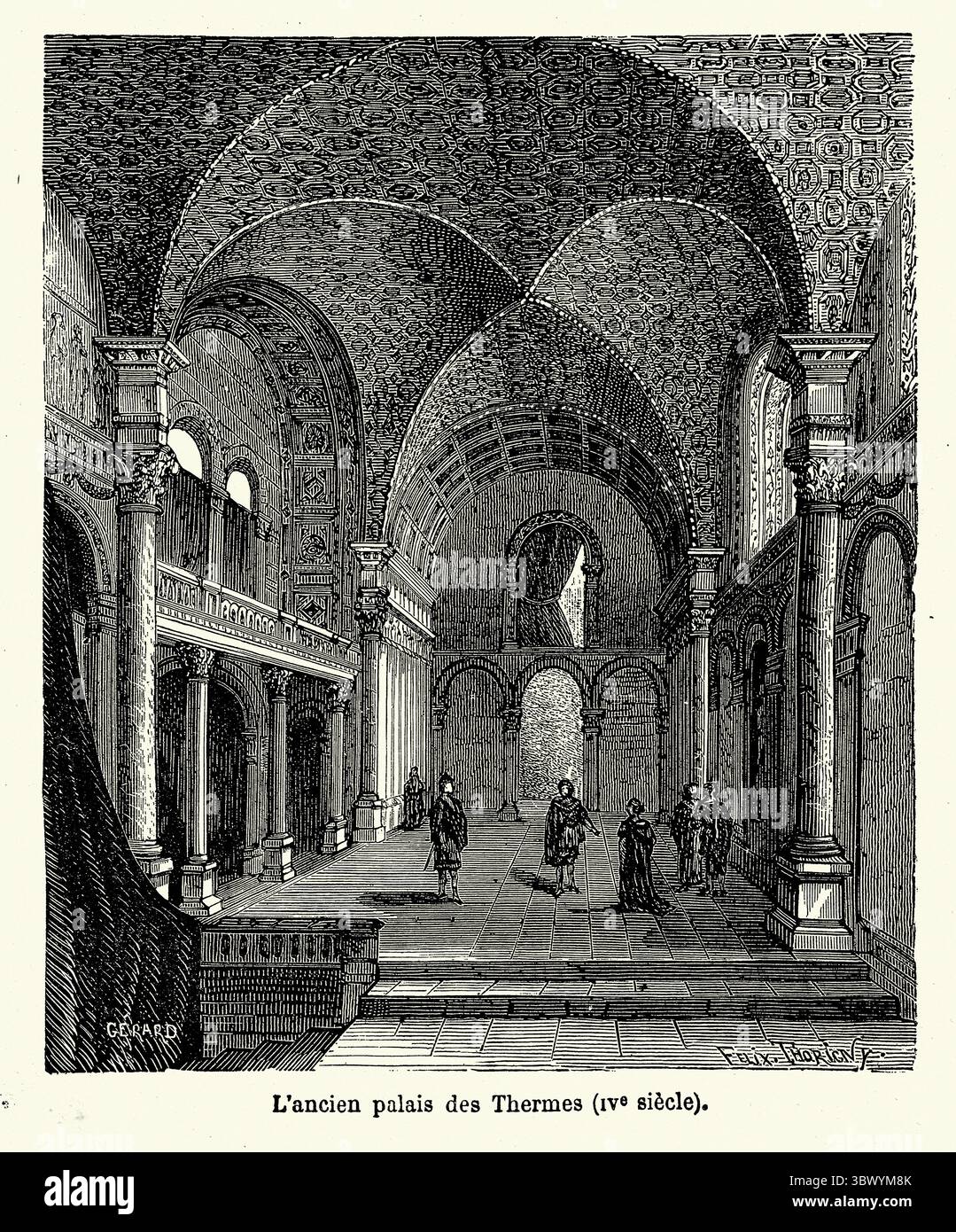 Storia architettura, bagni romani, ricostruzione del Palais des Thermes, Parigi, illustrazione d'epoca del IV secolo Foto Stock