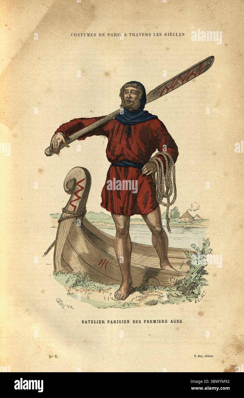 Storia francese, barcaiolo dell'antica Parigi, Francia, con una quercia e una corda, illustrazione vintage Foto Stock