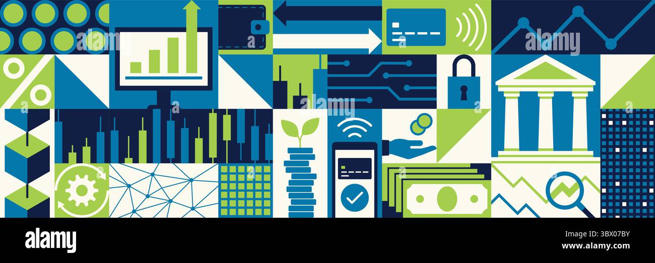 Sfondo geometrico concettuale di finanza, business e tecnologia con icone Illustrazione Vettoriale