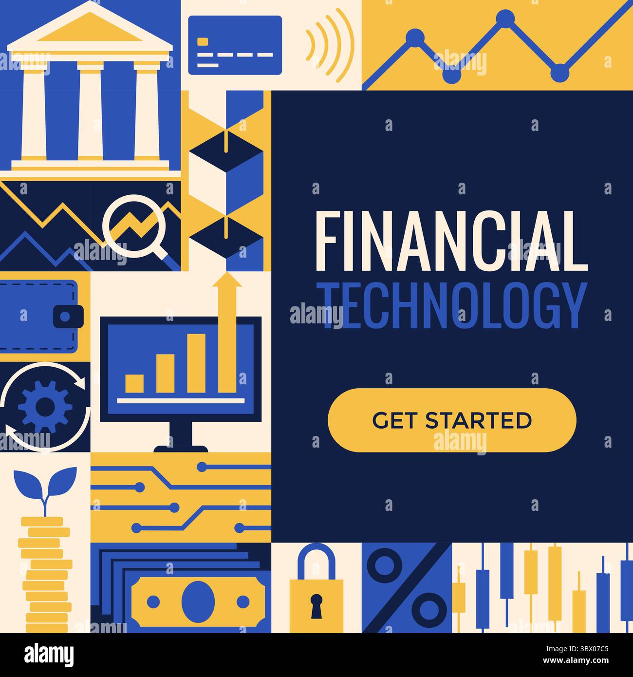 Finanza, business e tecnologia sfondo geometrico con icone, spazio di testo Illustrazione Vettoriale