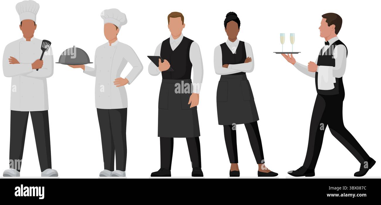 Il personale della cucina professionale e i ristoratori si mettono in posa insieme: Cuochi e camerieri, isolati Illustrazione Vettoriale