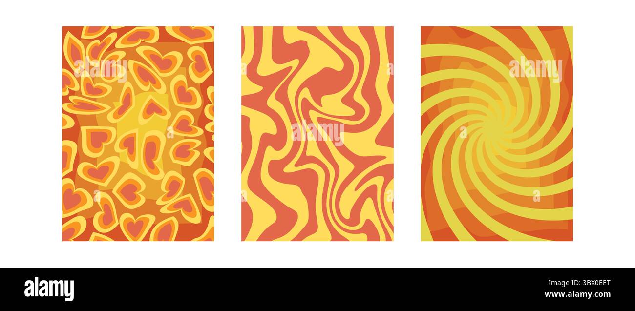 Illustrazioni vettoriali surreali e colorate ispirate alla pace e alla nostalgia degli anni '1960. Buone vibrazioni, buone fantasie estive, doodle a spirale, arancio e giallo Illustrazione Vettoriale