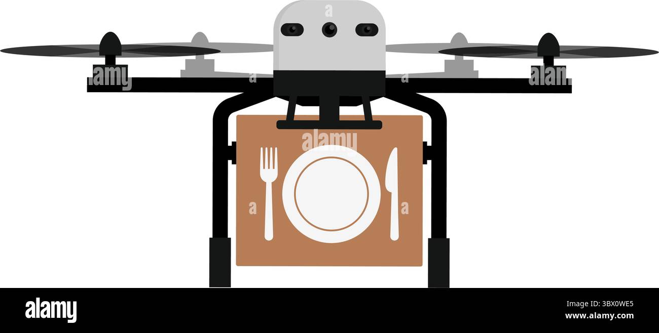 Servizio di consegna rapida di droni, drone che vola e consegna cibo, isolato Illustrazione Vettoriale