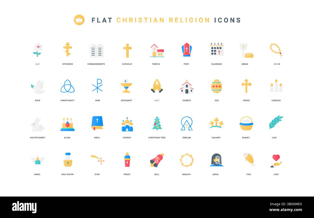 Una collezione di icone piatte incentrate sul culto, i simboli e le tradizioni cristiane. Presenta croci, chiese e altre immagini correlate alla fede, illustrazioni vettoriali. Illustrazione Vettoriale