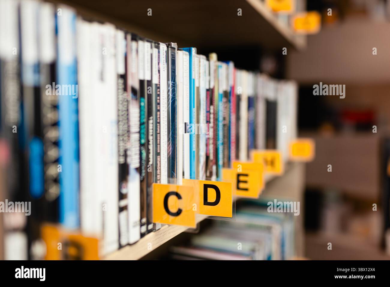 Libri, audiolibri, radiodrammi e film su uno scaffale in una biblioteca. Letture scolastiche. Libreria e libreria di seconda mano. Scuola e biblioteca universitaria Foto Stock