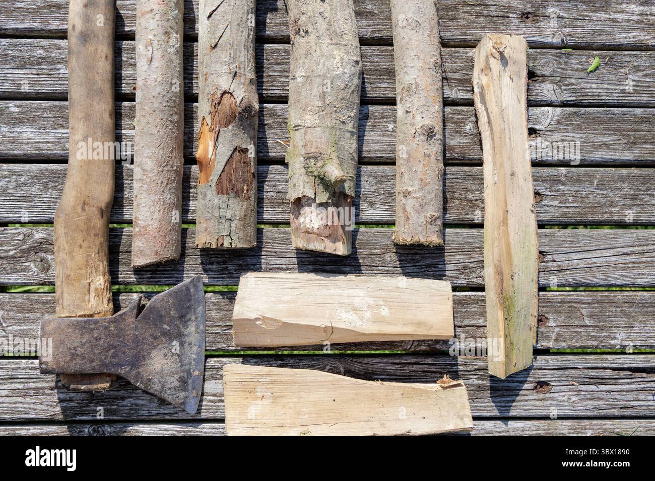 Un assortimento di tronchi e pezzi di legno tagliati, accanto a una vecchia ascia, disposti su una superficie di legno intemprata, perfetti per temi rustici. Foto Stock