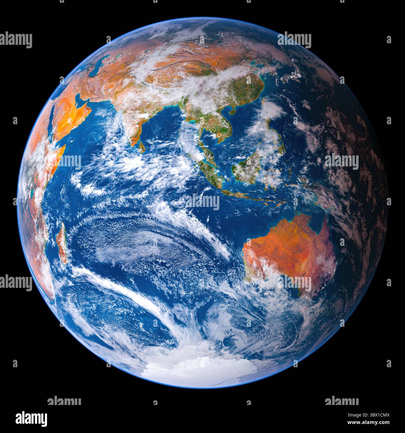 Immagine satellitare della Terra incentrata sull'Asia e sulla regione del Pacifico, che mostra chiare vedute di India, Sud-est asiatico, Cina e Australia, con turbolenze Foto Stock