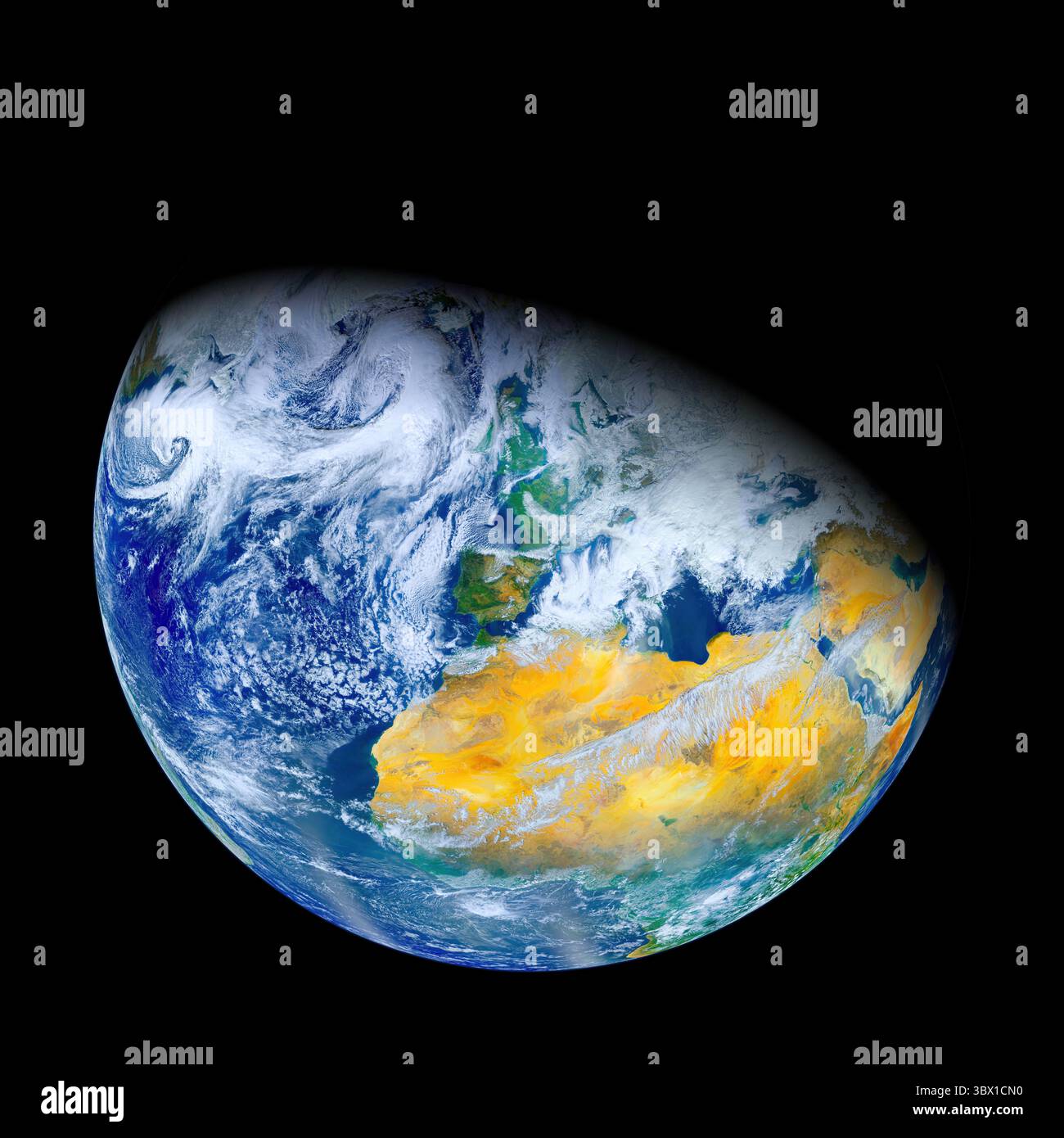 Vista della Terra dallo spazio che mostra nuvole vorticose sull'Oceano Atlantico, il deserto del Sahara in giallo vivo, e parti dell'Europa e dell'Africa occidentale, tutto Foto Stock