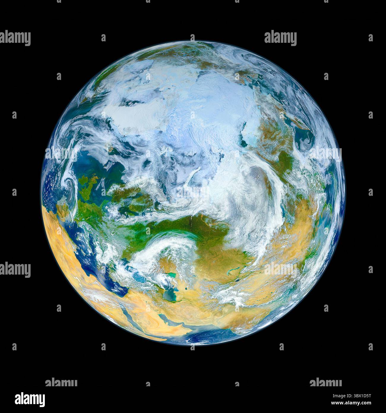 L'immagine satellitare della Terra si concentra sulla regione artica, con masse di terra visibili che includono parti di Europa, Asia e Africa settentrionale, il tutto sotto una turbolenza Foto Stock