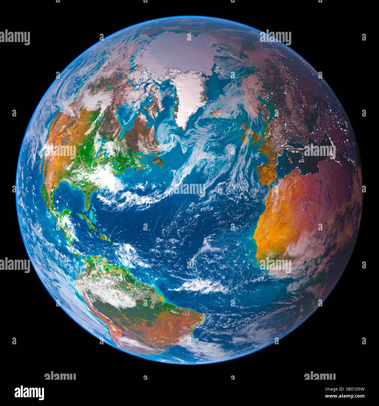 Immagine ad alta risoluzione della Terra dallo spazio che mostra l'Oceano Atlantico, con masse terrestri visibili tra cui Nord e Sud America, Europa occidentale, AN Foto Stock