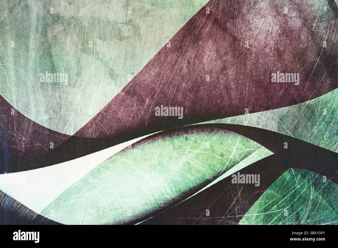 Design astratto strutturato con forme curve sovrapposte in verde, marrone e bianco, con una superficie angosciata e graffiata che aggiunge profondità e profondità Foto Stock