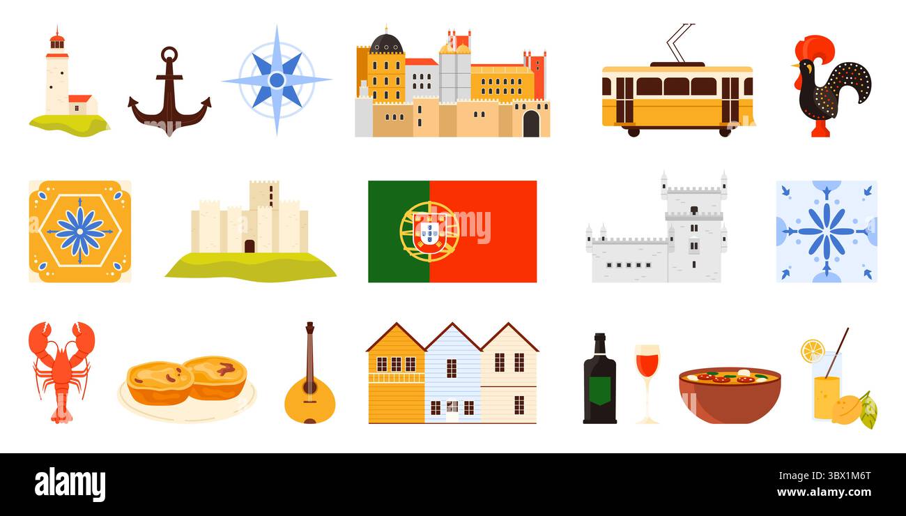 Elementi culturali e architettura simbolo del Portogallo. Cibo e vino portoghesi, Torre Belem e tram a Lisbona, famose piastrelle e gallo in ceramica, faro e illustrazione vettoriale dei cartoni animati Illustrazione Vettoriale