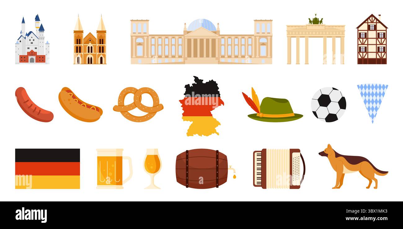 Viaggia verso la Germania, gli elementi culturali e il cibo tedeschi, la mappa e i monumenti architettonici. Birra di Baviera e pretzel, castello di Neuschwanstein e edificio del Reichstag illustrazione vettoriale dei cartoni animati Illustrazione Vettoriale