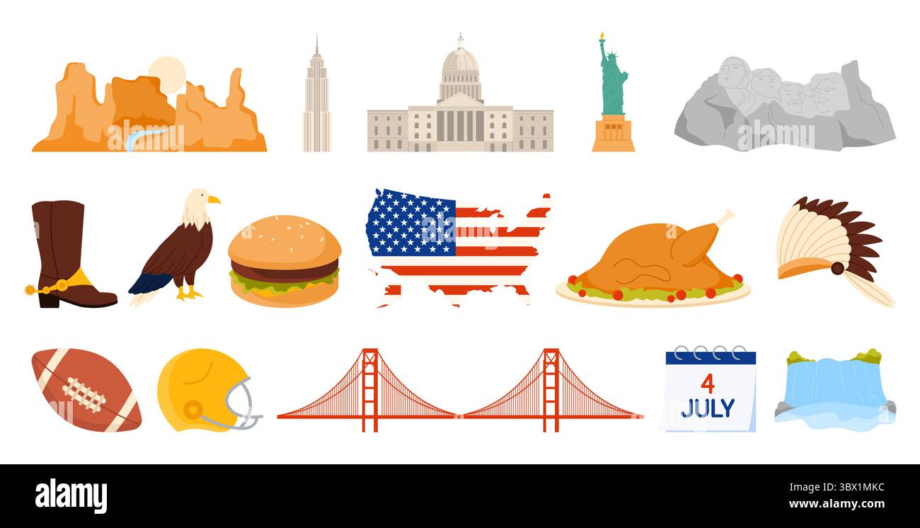 Set di adesivi Travel to USA. Mappa degli Stati Uniti d'America con bandiera e punti di riferimento, football americano, Grand Canyon e Campidoglio a Washington, illustrazione vettoriale dei cartoni animati del Golden Gate Bridge Illustrazione Vettoriale