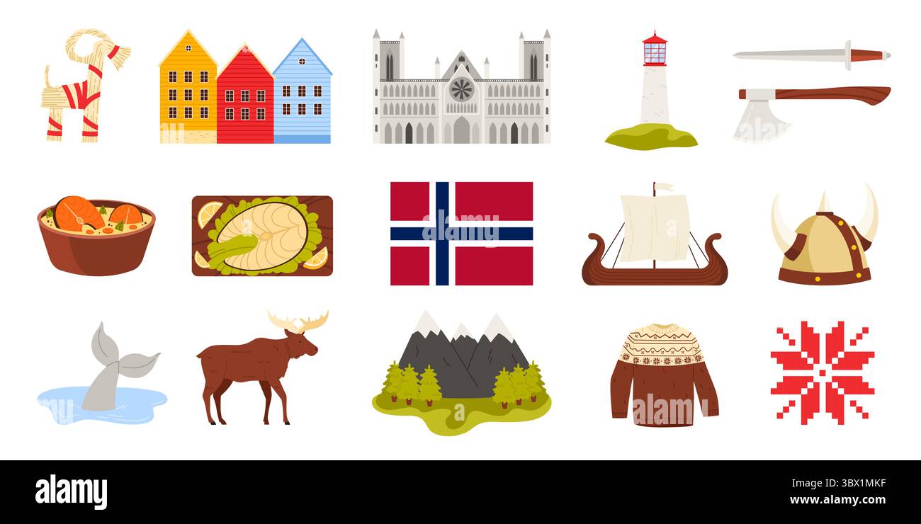 Viaggio in Norvegia. Bandiera norvegese e cattedrale di Nidaros, chiesa di Urnes Stave e paesaggio montano con foresta, armi vichinghe e maglione con ornamento, illustrazione vettoriale del faro Illustrazione Vettoriale