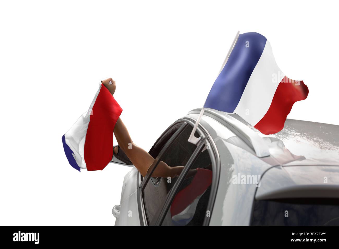 Fan con bandiera francese che festeggia in un'auto isolata sul bianco Foto Stock