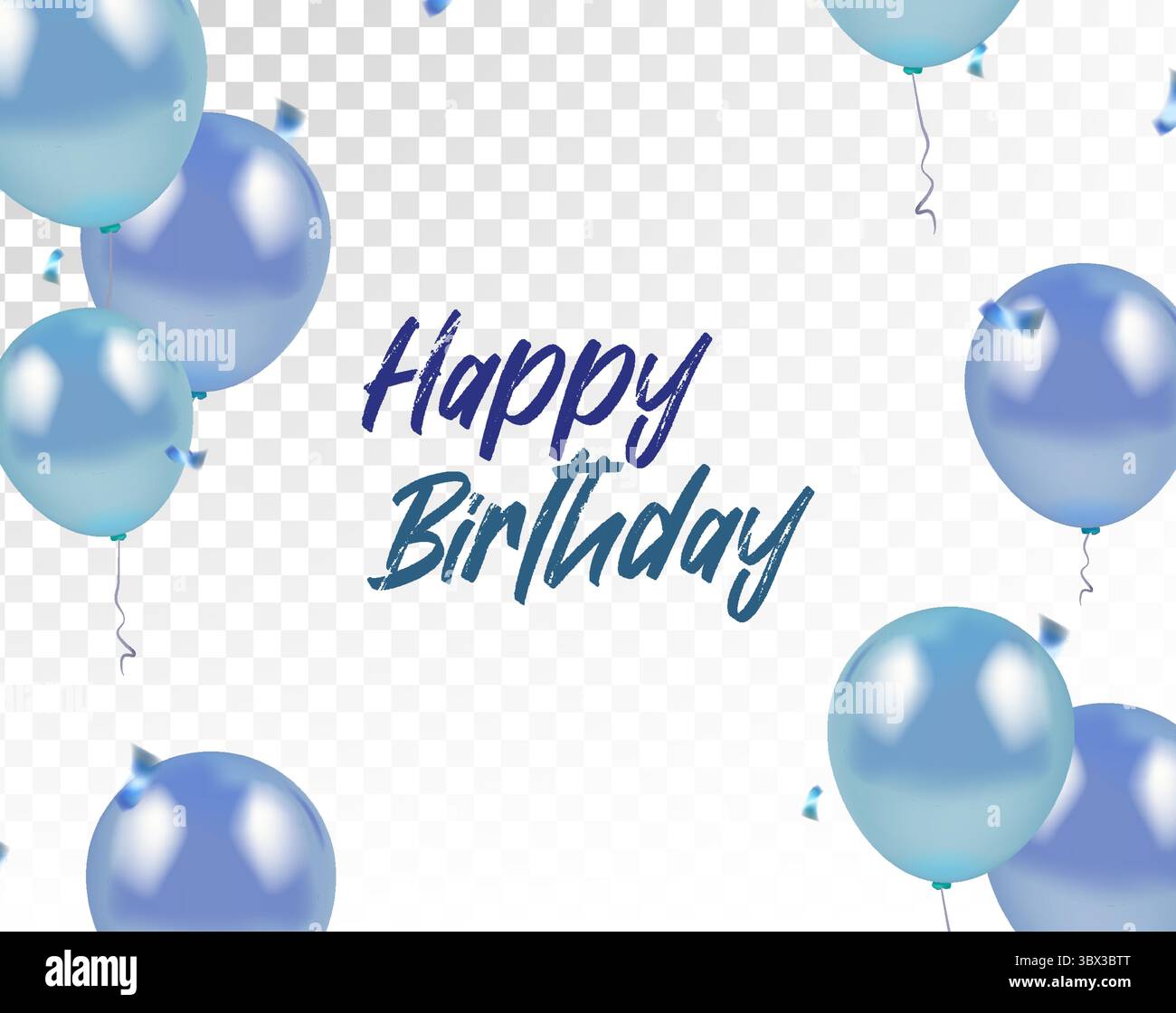Palloncini e coriandoli blu e realistici e annuncio di buon compleanno, festa di festa Illustrazione Vettoriale